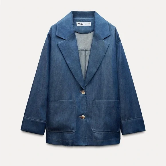 Denim effect Blue Oversized Women's Blazer - Picture 2 of 12